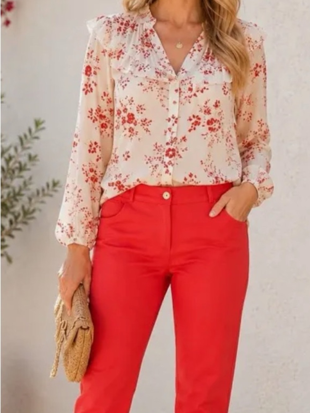 Michael Kors Cream Floral Ruffle V-Neck Blouse with Red Print